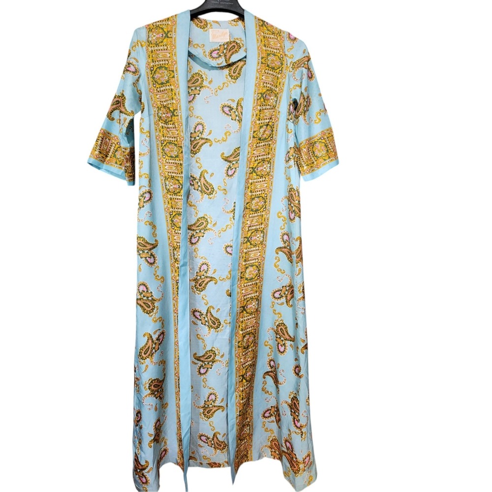 Vintage 60s Fashions by Marilyn Paisley Kaftan Robe Blue Hippie Boho Duster OS